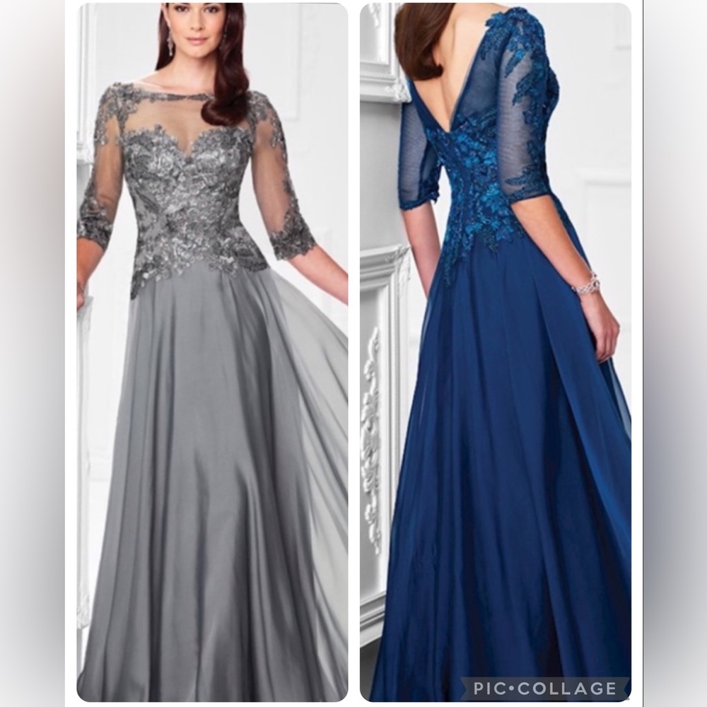 Montage by Moncheri illusion 3/4 length sleevesV- back long gown